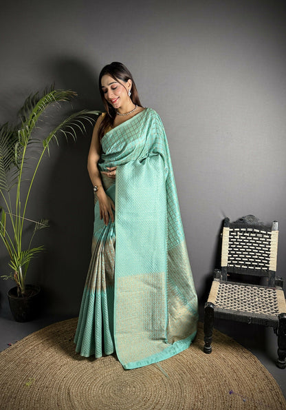 Joban Fashion Light Blue Banarasi Soft Lichi Silk Checks & Woven Saree