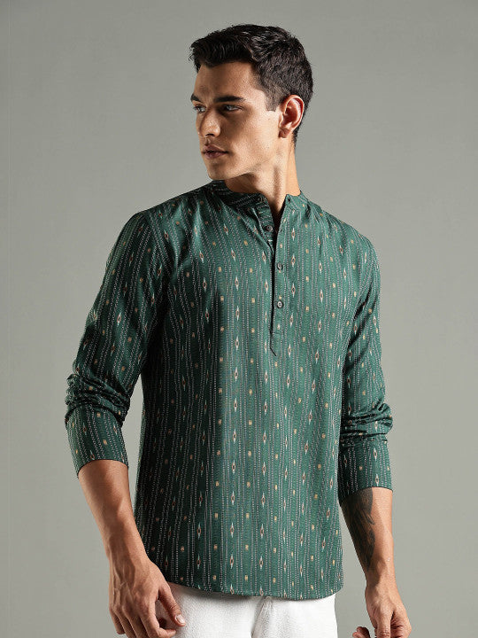 Anouk Striped Thread Work Kurta Green