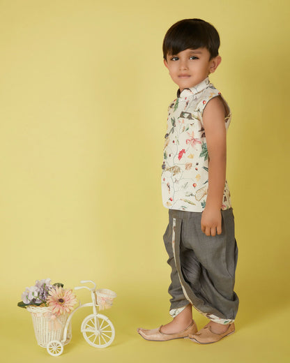Joban Fashion Kids Island Cotton Sleeveless printed Kurta and Solid Dhoti - Cream