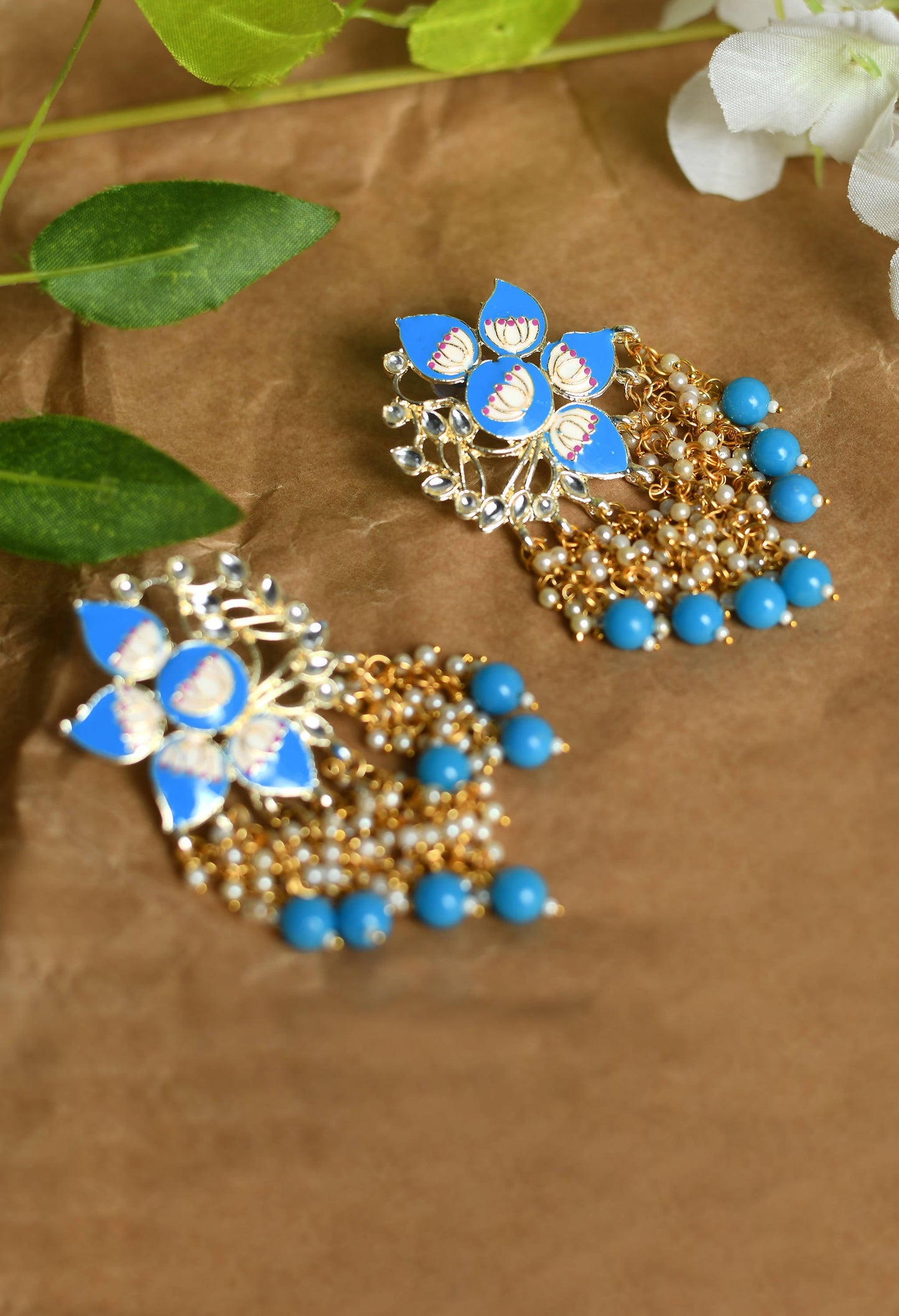 Mominos Fashion Johar Kamal Gold-Polished Kundan Sky Blue Meenakari Earrings