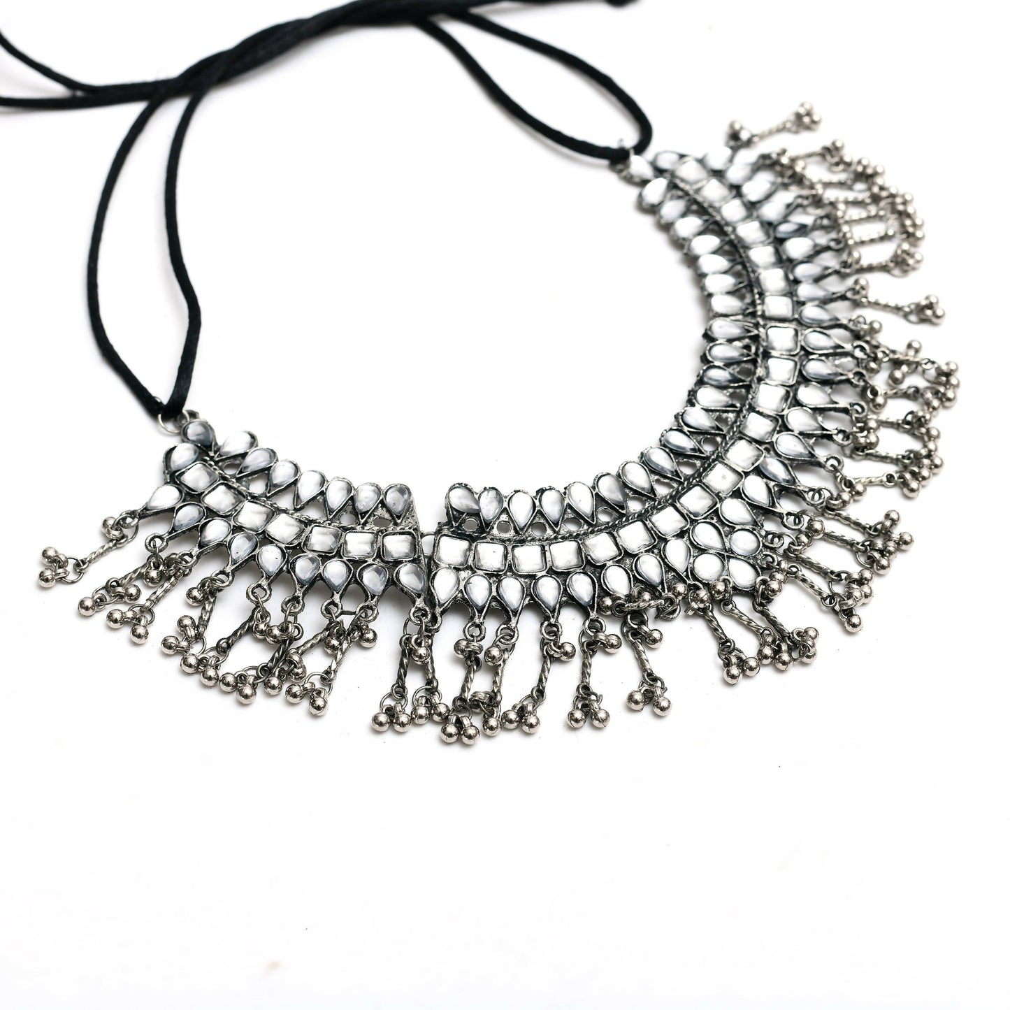 Mominos Fashion Johar Kamal Oxidised Silver-Plated Brass Finish Kundan Necklace For Women (Silver)