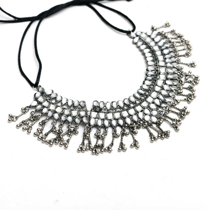 Mominos Fashion Johar Kamal Oxidised Silver-Plated Brass Finish Kundan Necklace For Women (Silver)