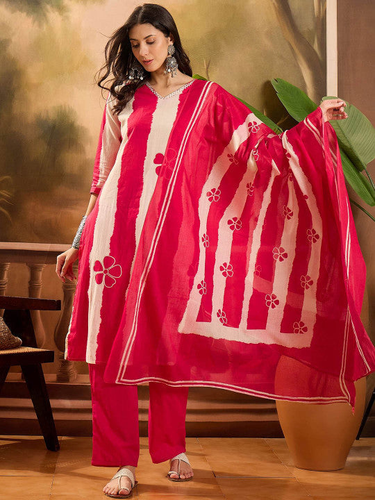 Sangria Floral Printed V Neck Pure Cotton Straight Kurta With Trousers & Dupatta