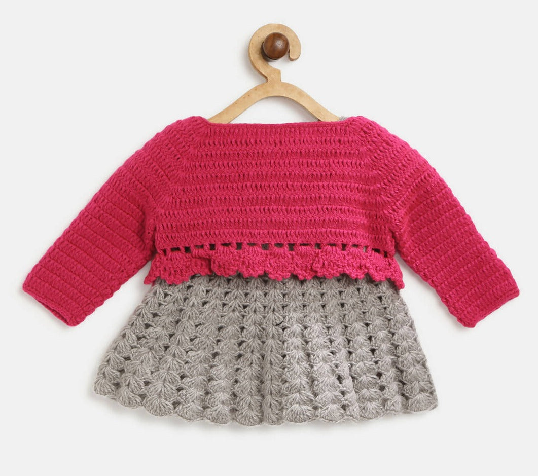 ChutPut Hand knitted Crochet Maharani Wool Dress For Baby Girls - Pink