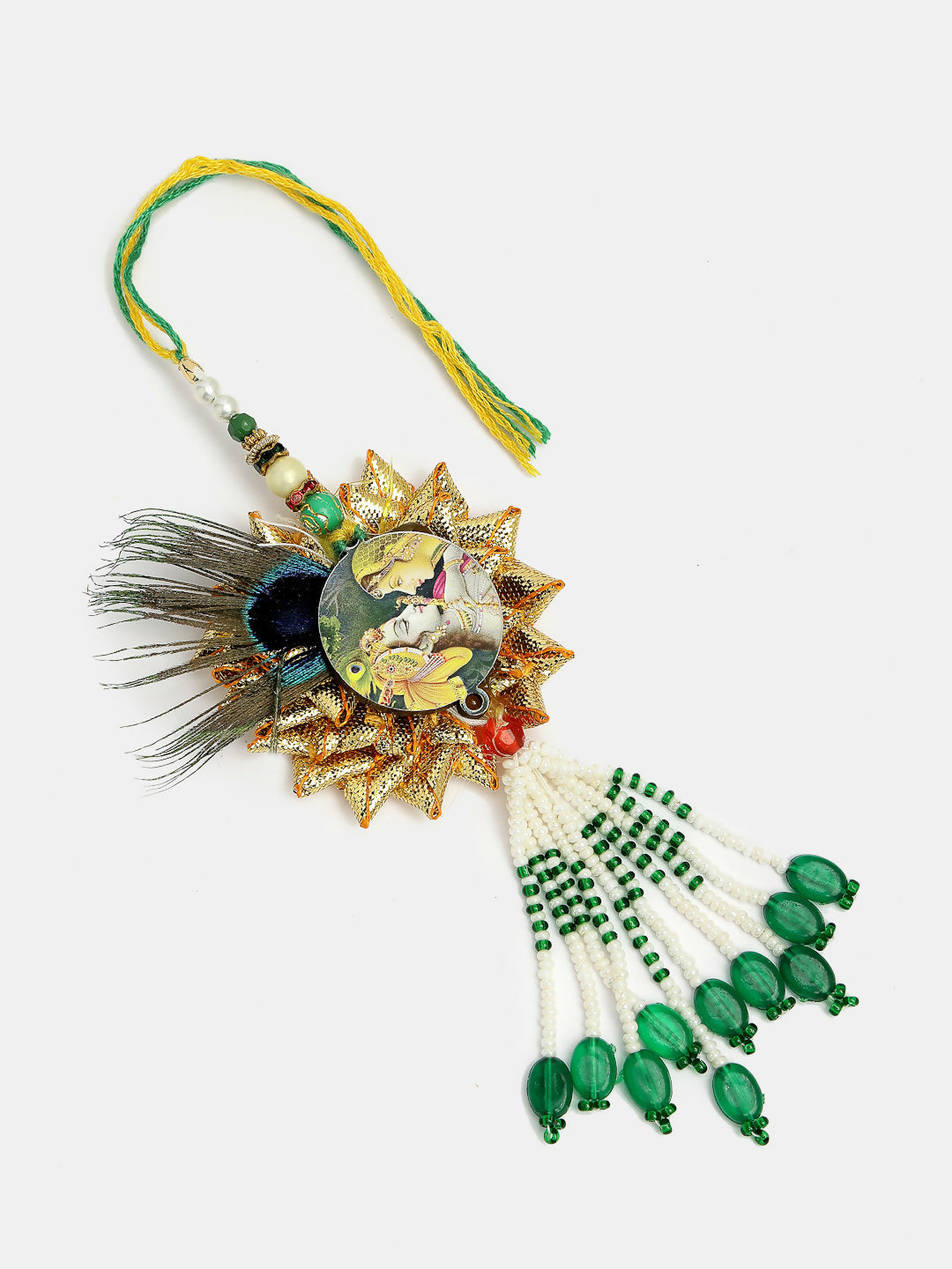 NVR Women & Men Set of 2 Green Radha Krishna Beaded Bhaiya Bhabhi Rakhi With Roli Chawal & Chocolate