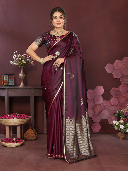 Joban Fashion Wine Floral Banarasi Silk Sarees