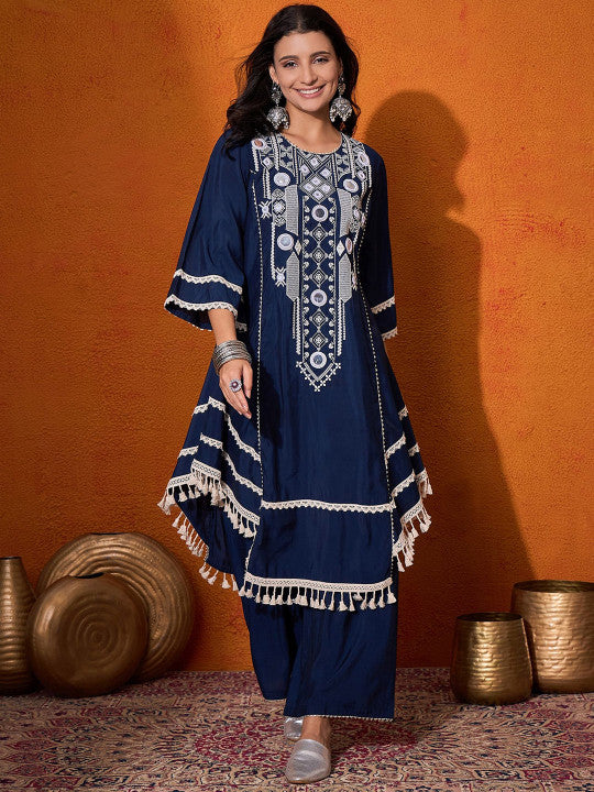 Sangria Floral Embroidered Mirror Work Regular A-Line Kurta Sets