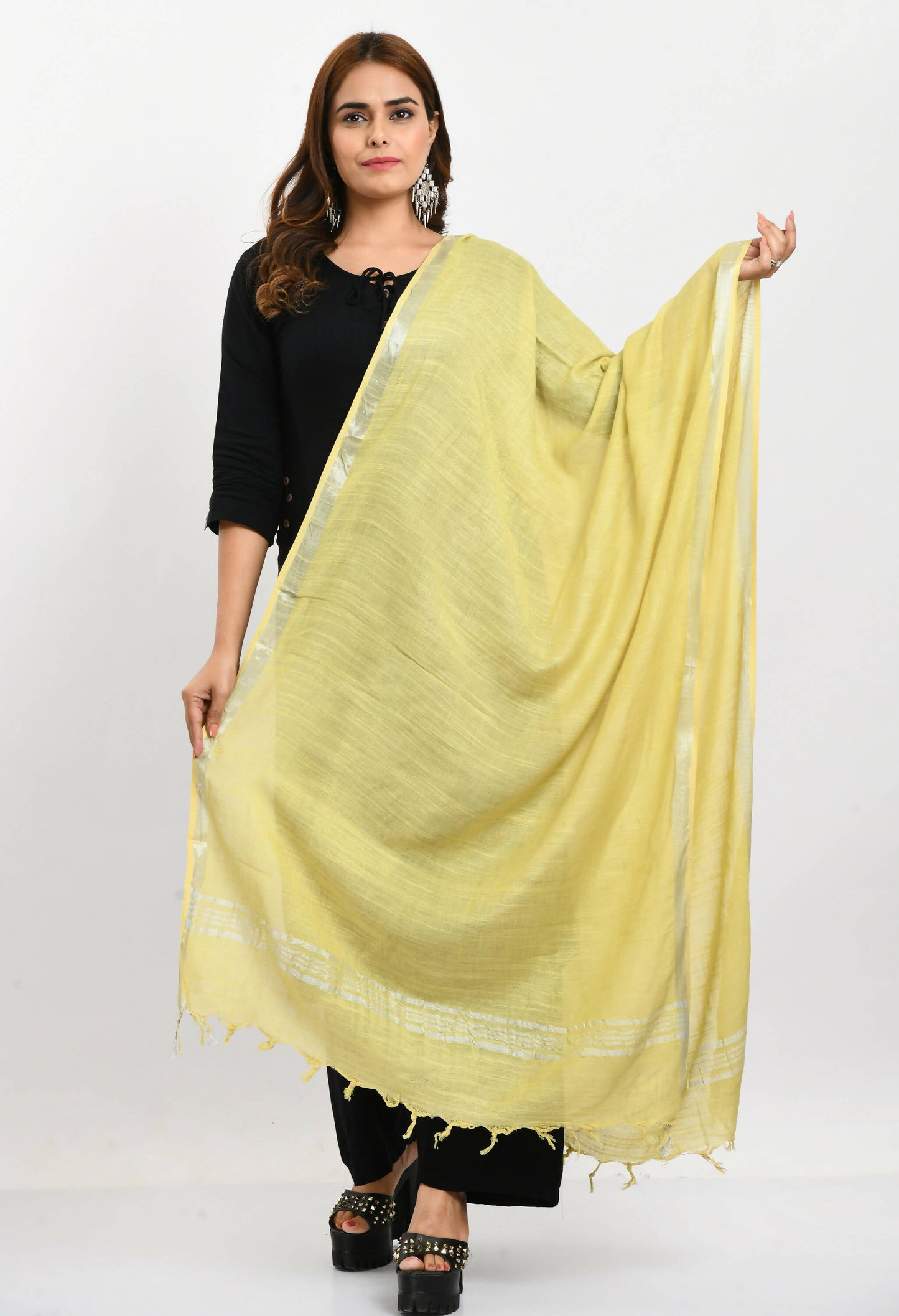 Mominos Fashion Moeza Women's Linen Cotton Silver Border Lemon Yellow Dupatta