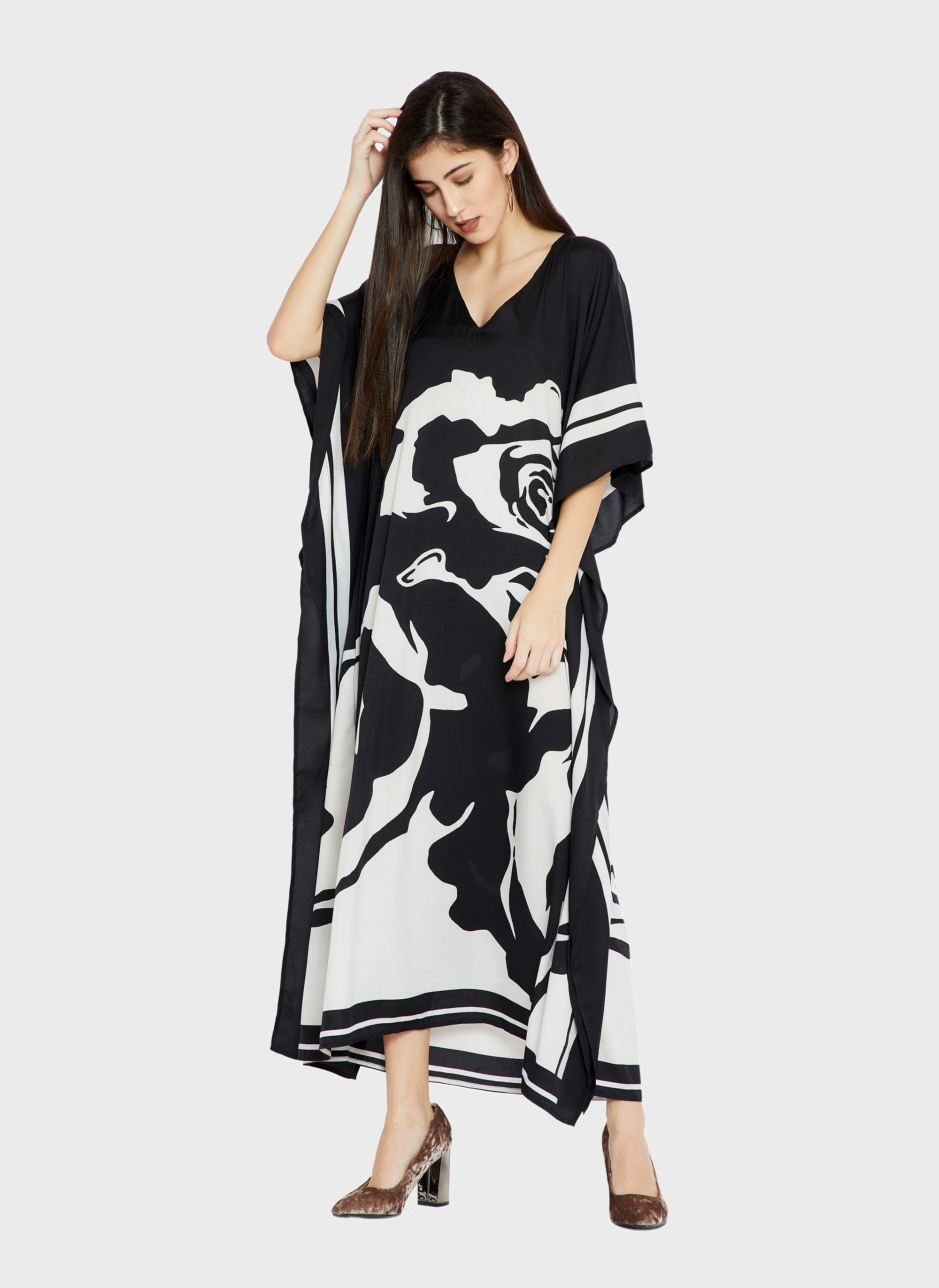 Black White Women Caftan, Soft Satin Silk Caftan