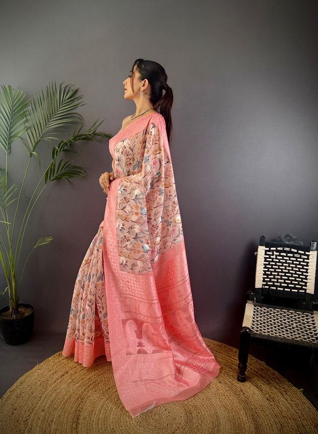 Elora Rose Pink Silk Floral Motifs Coppery Tone Contrast Floral Border Banarasi Saree