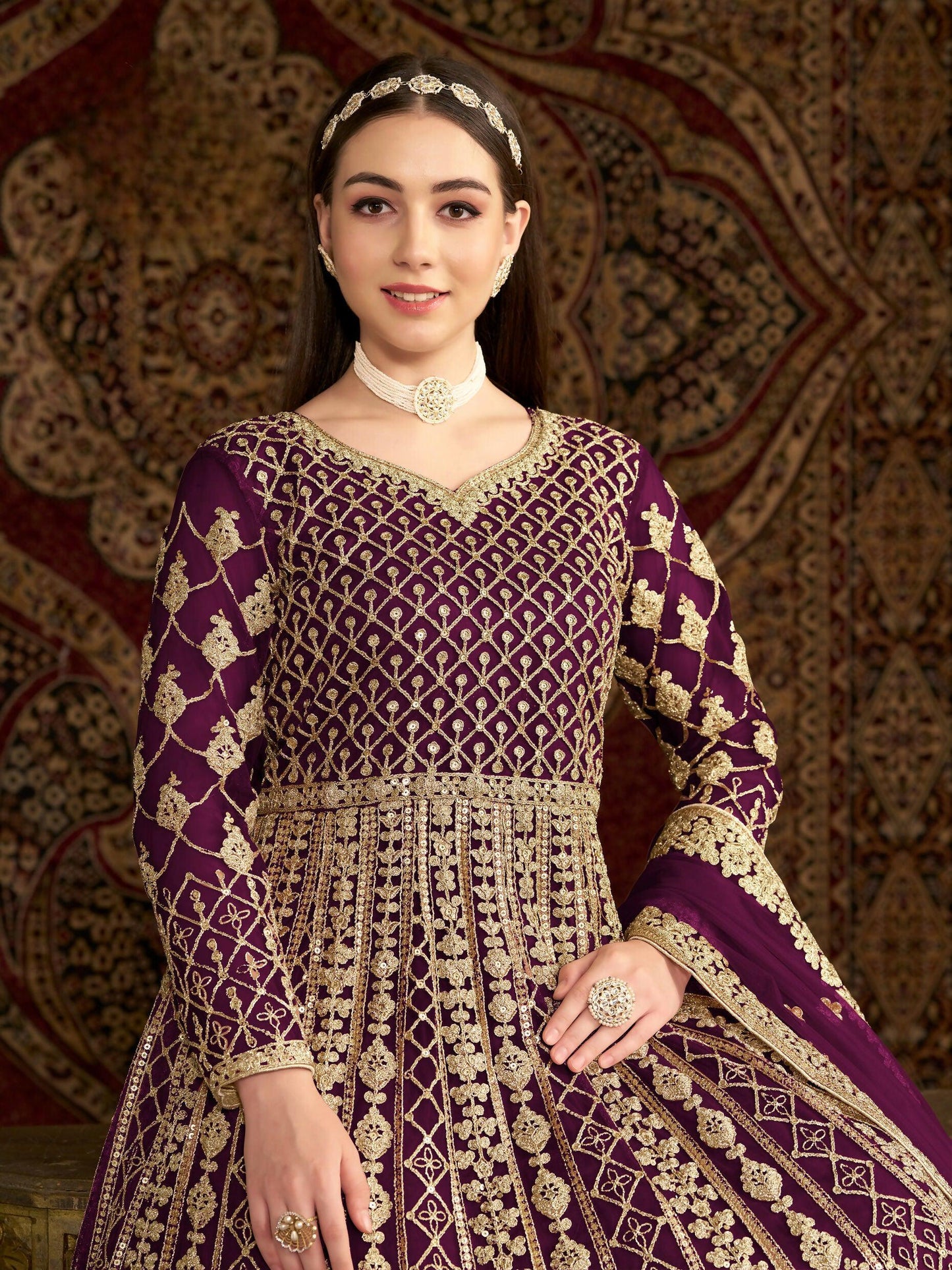 Anaita Purple Embroidered Net Stitched Anarkali Suit