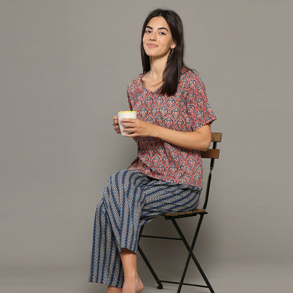 Breathables Women Cotton Printed Loungewear Kurta And Pants Co-Ord Set Pink & Navy I Nightwear