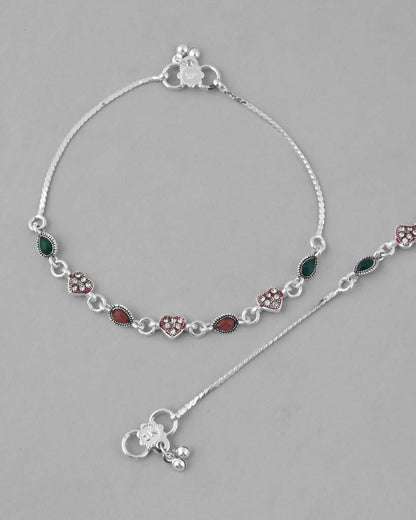VOJ Set of 2 Silver Plated Heart Shaped Multi Color Anklet