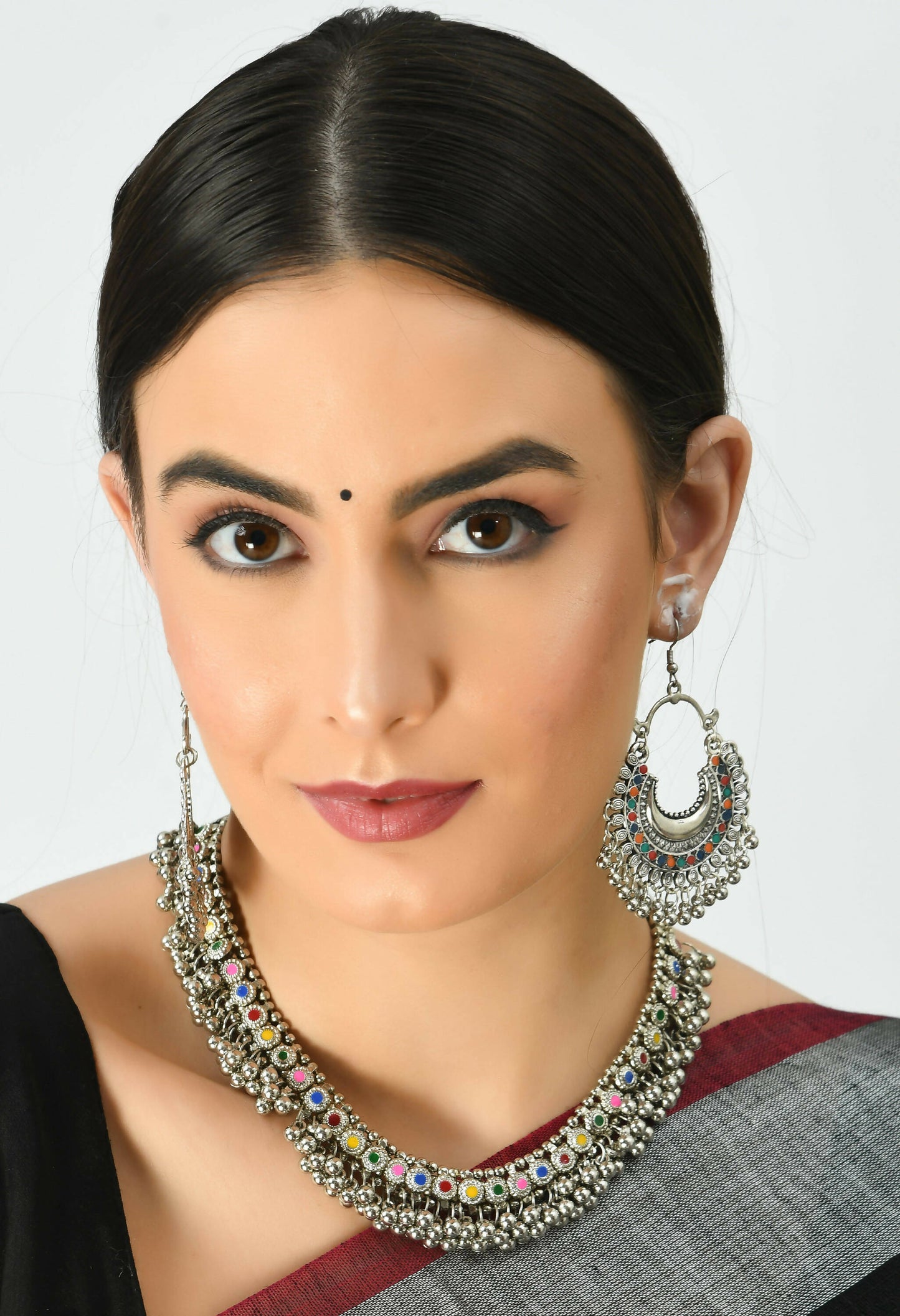 Mominos Fashion Johar Kamal Oxidised Silver-Plated Meena Work Choker Set