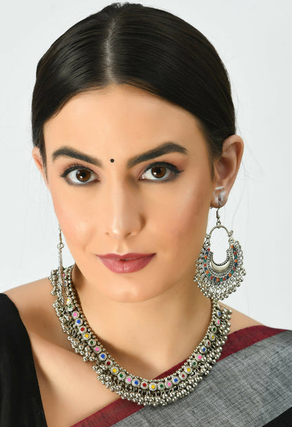 Mominos Fashion Johar Kamal Oxidised Silver-Plated Meena Work Choker Set