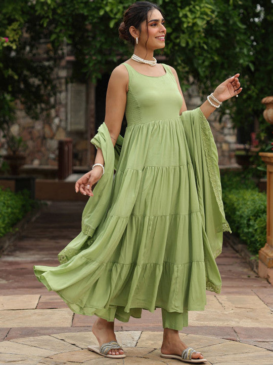 Anayna Women Round Neck Tiered Anarkali Kurta & Trousers With Dupatta