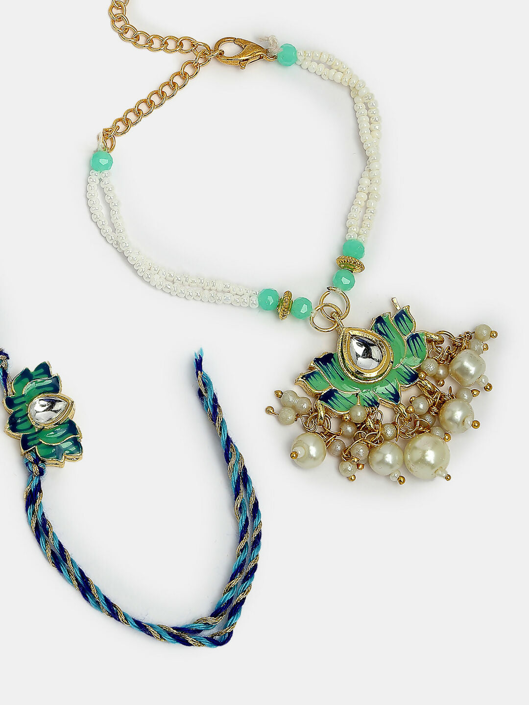 NVR Women & Men Set of 2 Turquoise Blue Lotus Shape Kundan-Studded & Beaded Rakhi Set With Roli Chawal & Chocolate