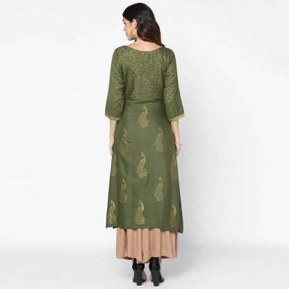 Cheera Hand Block Print Olive Green & Skin Color Straight Kurta With Palazzo (MAAI-083K)