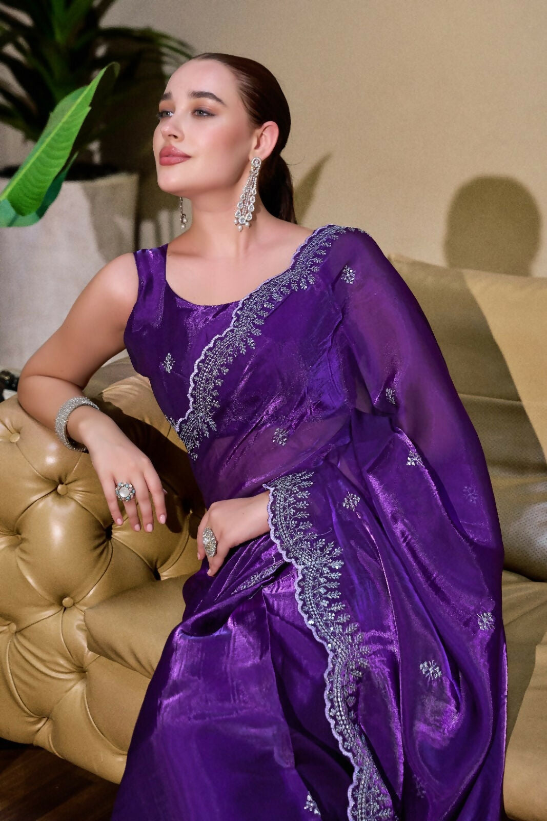 Vastranavya Purple-Blue Embroidery Work Shimmer Chiffon Saree with Unstitched Blouse