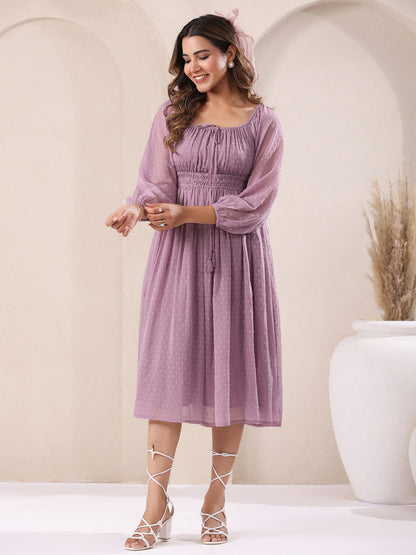 Janasya Light Dobby Chiffon Self Design Fit & Flare Dress