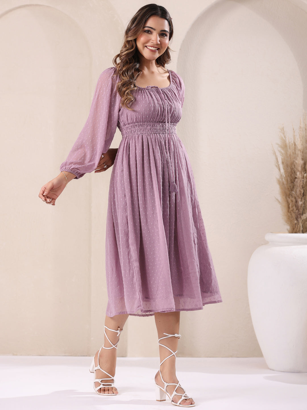 Janasya Light Dobby Chiffon Self Design Fit & Flare Dress