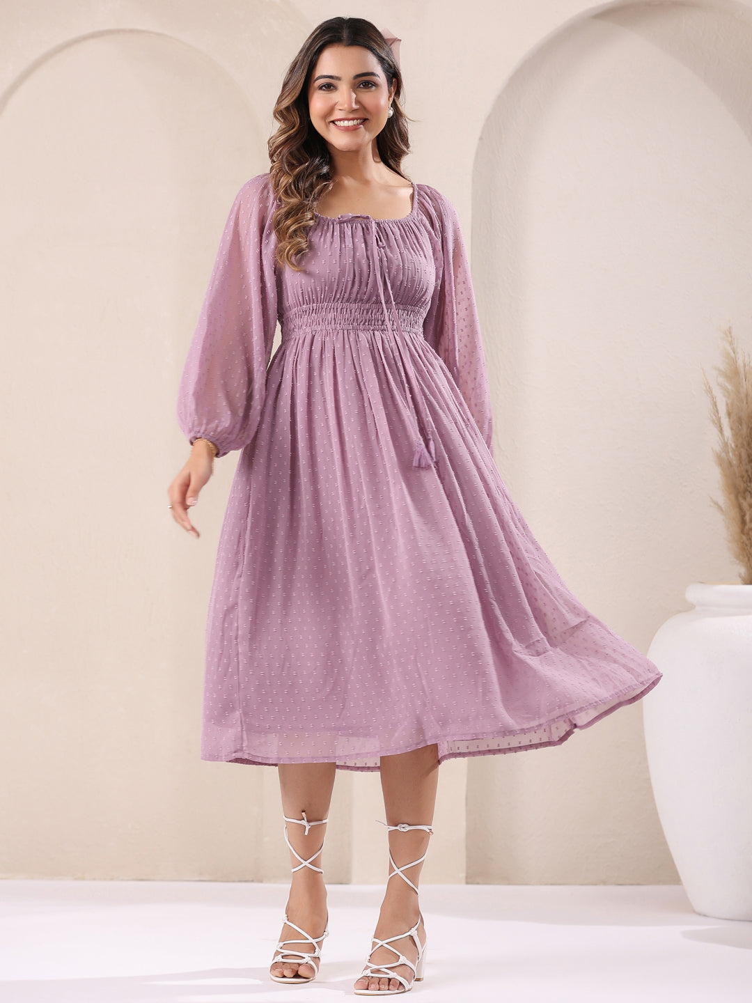 Janasya Light Dobby Chiffon Self Design Fit & Flare Dress