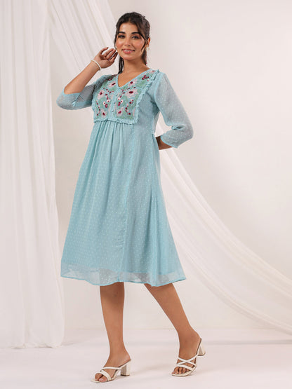 Janasya Light Dobby Chiffon Embroidered A-Line Dress
