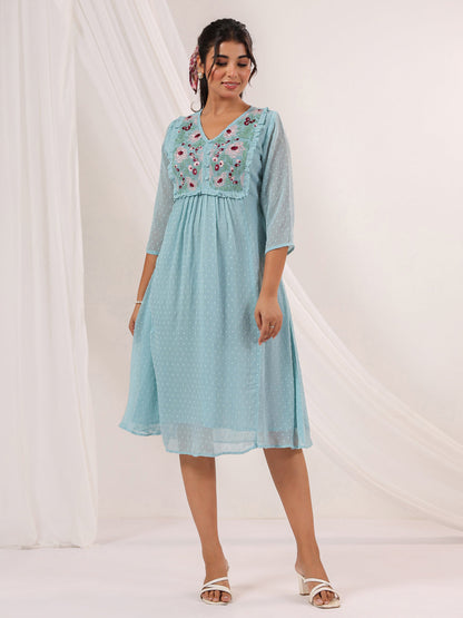 Janasya Light Dobby Chiffon Embroidered A-Line Dress