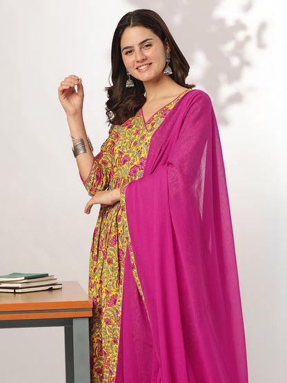 Janasya Bright Cotton Floral Angrakha Kurta Set