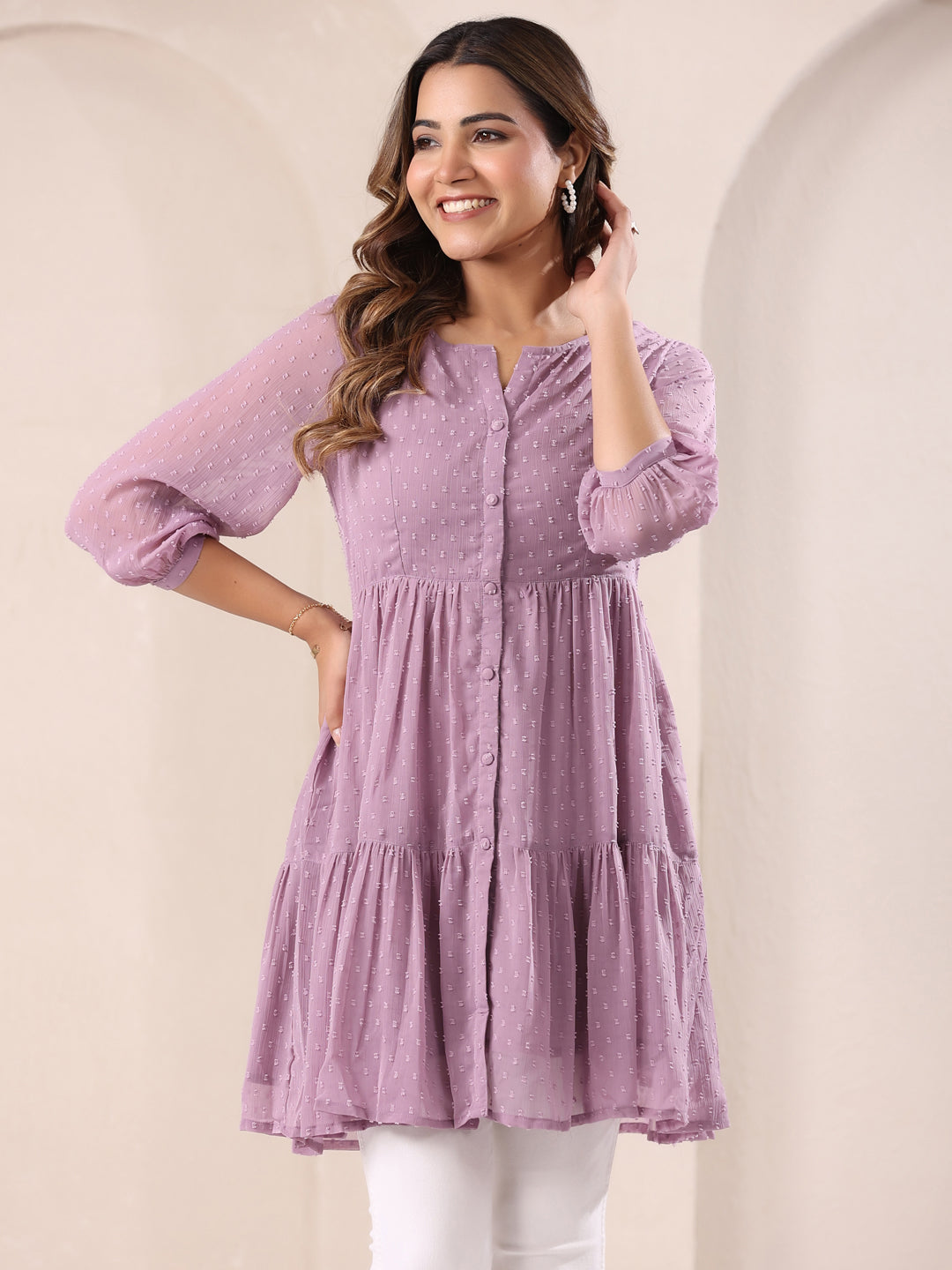 Janasya Dark Dobby Chiffon Self Design Tiered Tunic