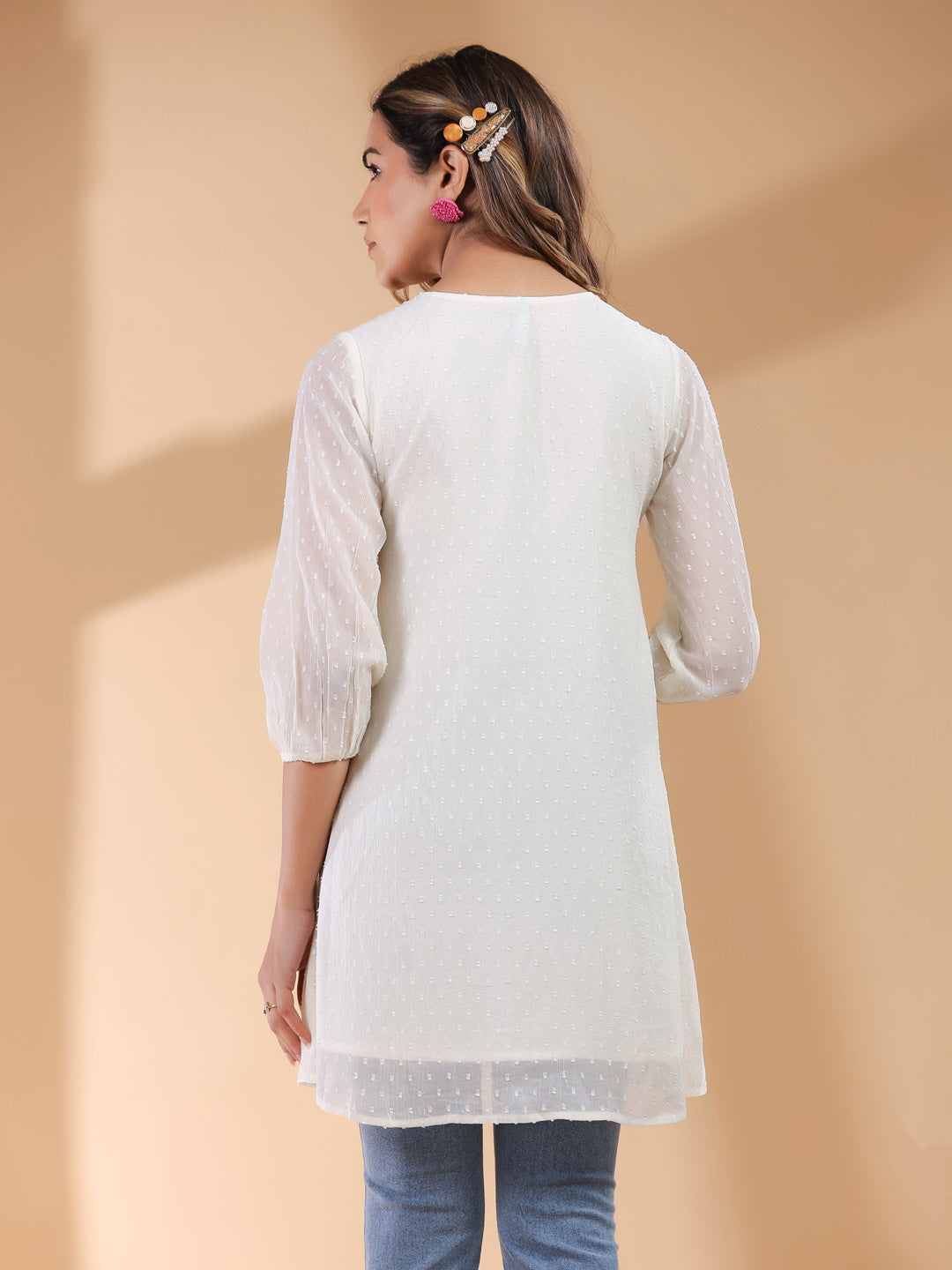 Janasya Light Dobby Chiffon Self Design A-Line Tunic