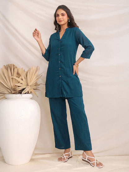 Janasya Teal Straight Dobby Chiffon Pant Co-ord Sets