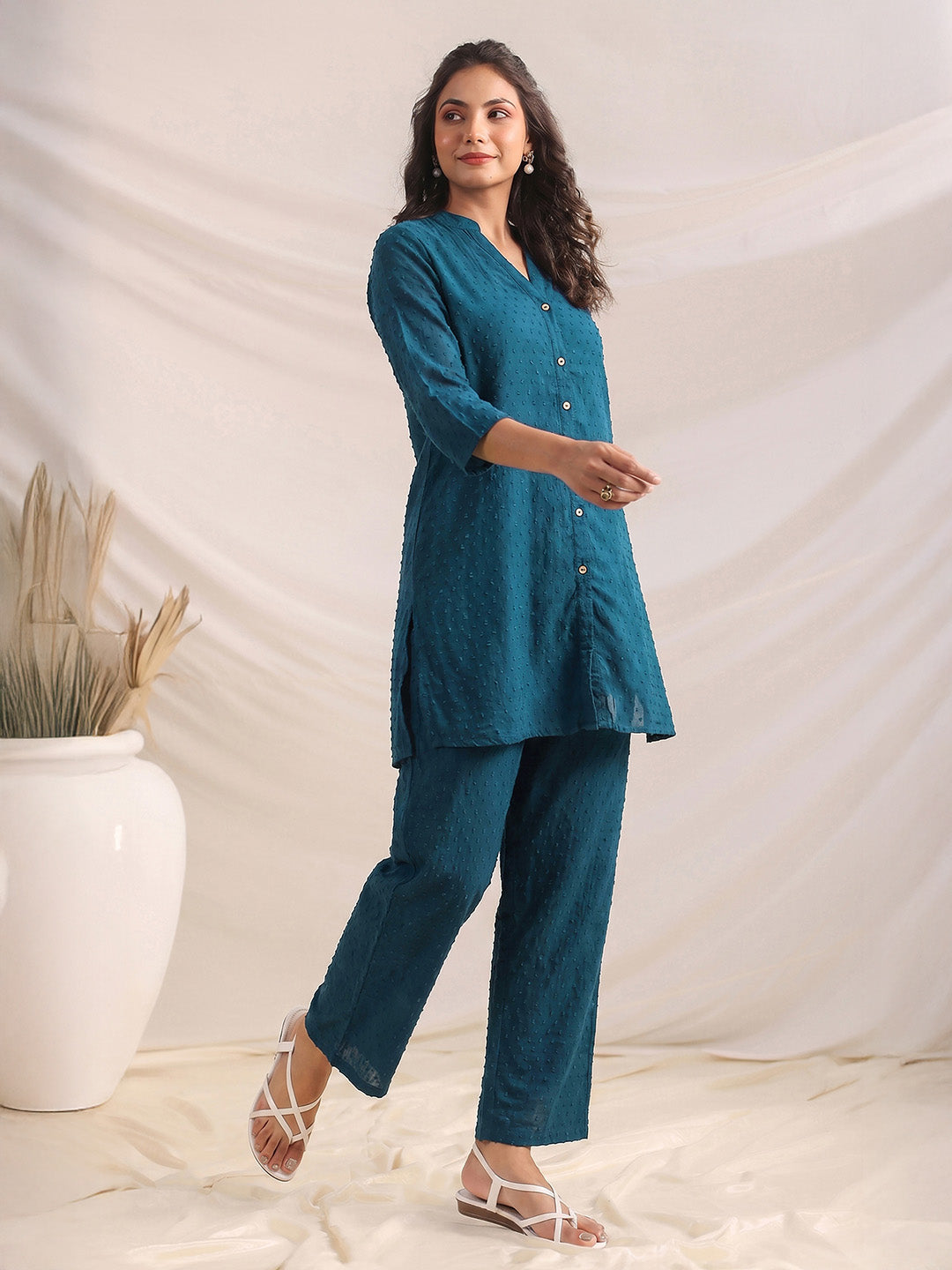 Janasya Teal Straight Dobby Chiffon Pant Co-ord Sets