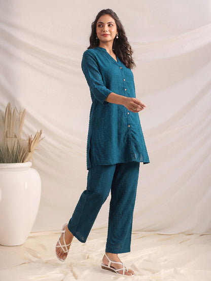Janasya Teal Straight Dobby Chiffon Pant Co-ord Sets