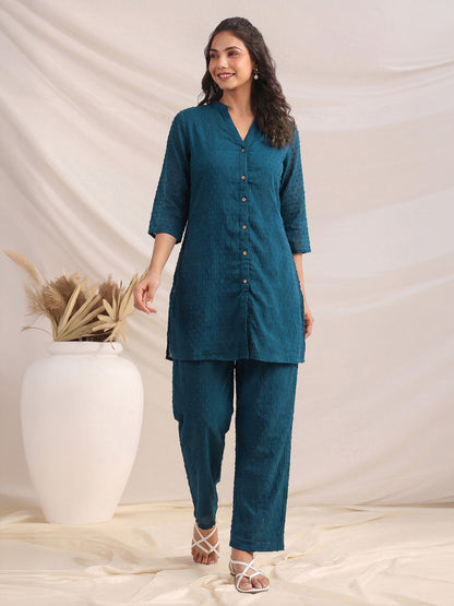 Janasya Teal Straight Dobby Chiffon Pant Co-ord Sets