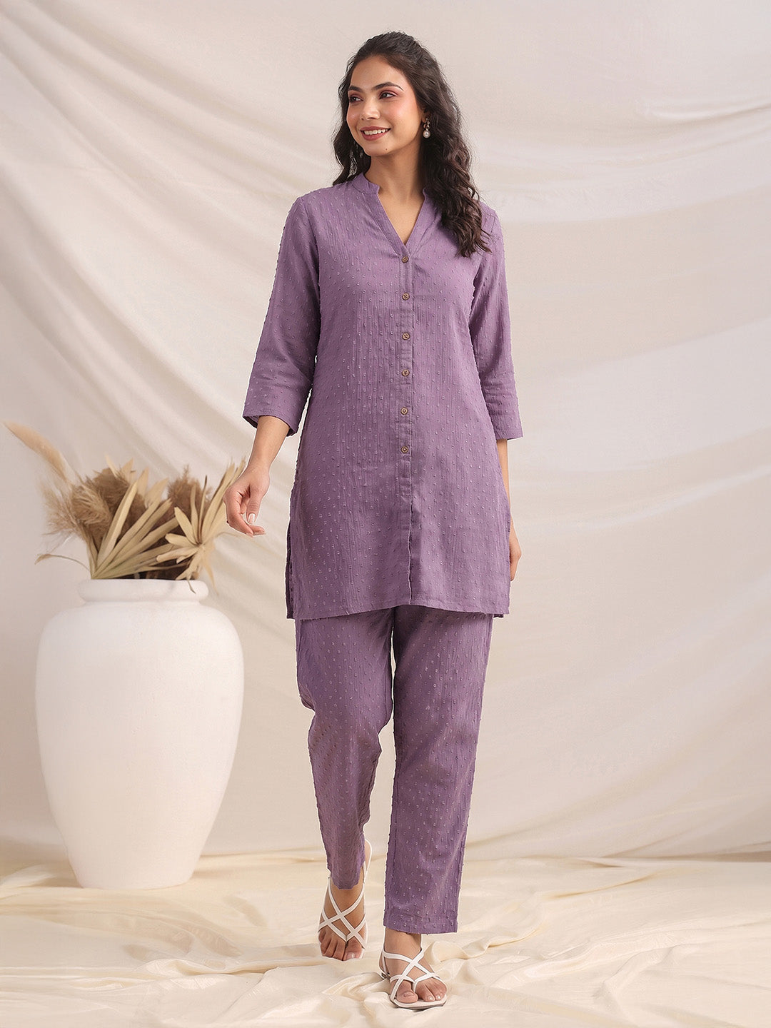 Janasya Lavender A-Line Dobby Chiffon Pant Co-ord Sets