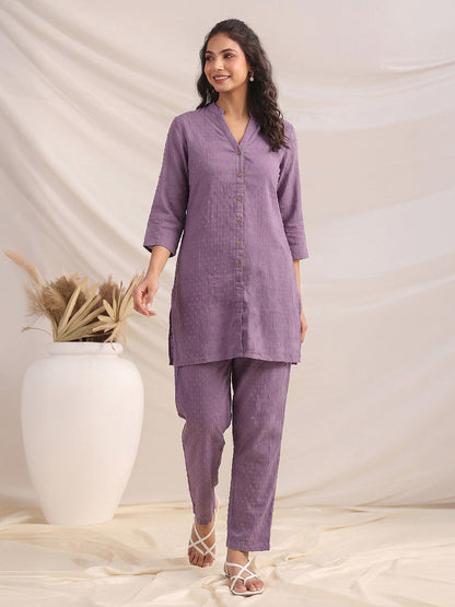 Janasya Lavender A-Line Dobby Chiffon Pant Co-ord Sets