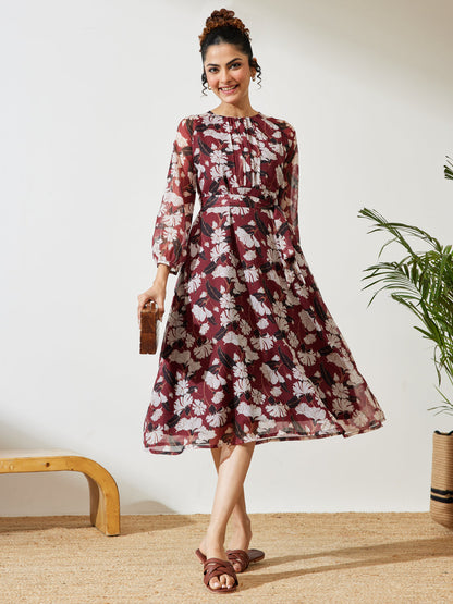 Janasya Brown A-Line Chiffon Dress