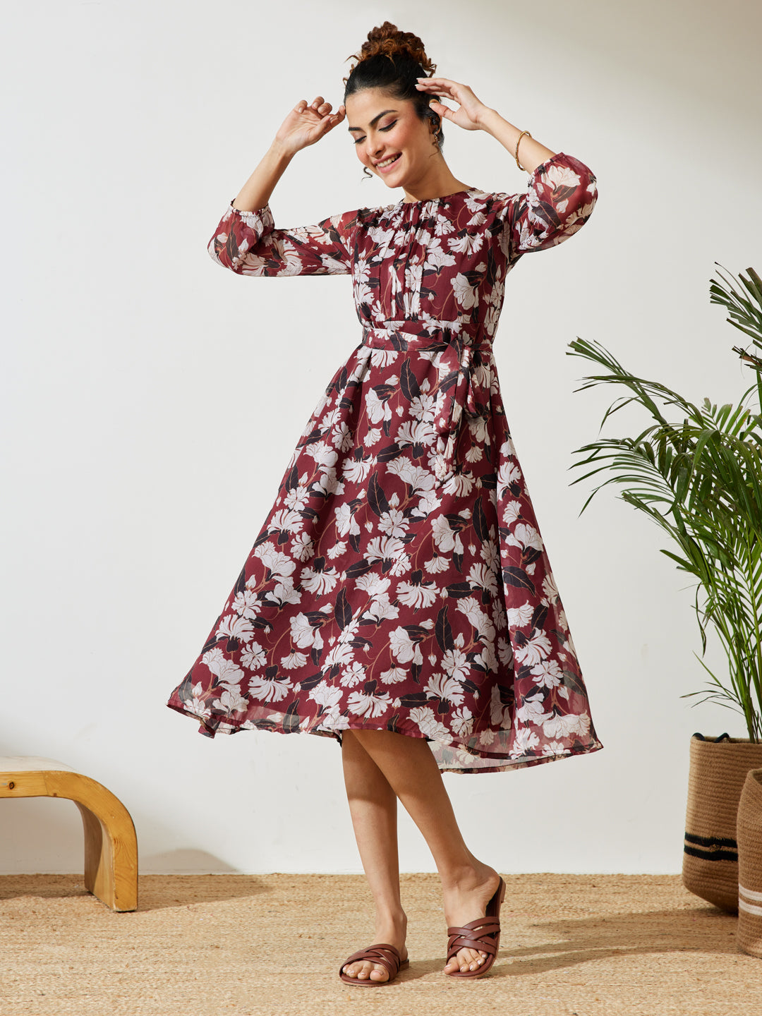 Janasya Brown A-Line Chiffon Dress