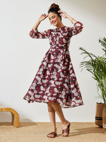 Janasya Brown A-Line Chiffon Dress