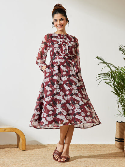 Janasya Brown A-Line Chiffon Dress