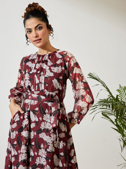Janasya Brown A-Line Chiffon Dress