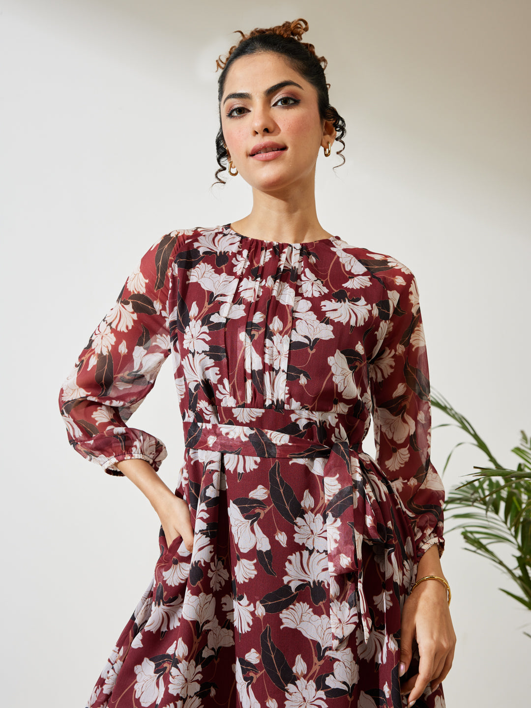 Janasya Brown A-Line Chiffon Dress