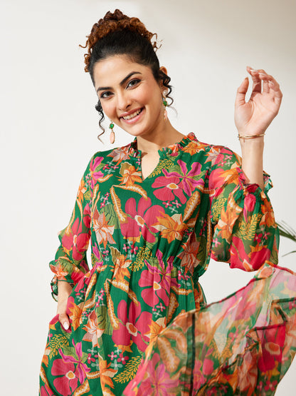 Janasya Green Fit & Flare Chiffon Dress