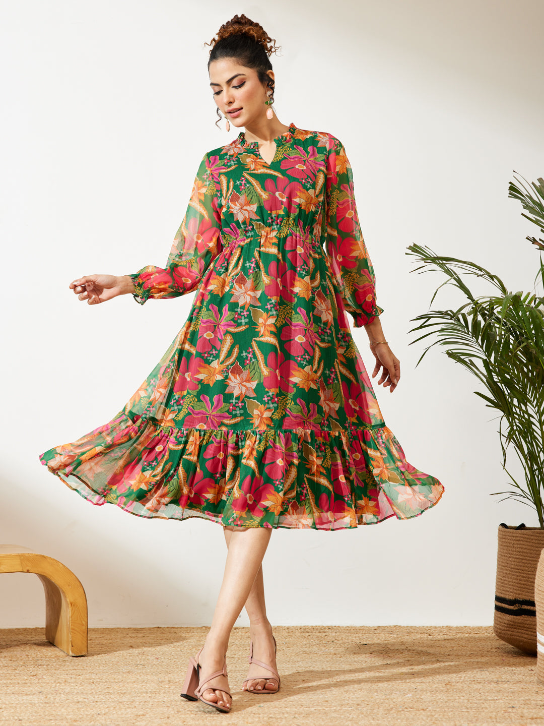 Janasya Green Fit & Flare Chiffon Dress