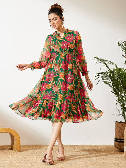 Janasya Green Fit & Flare Chiffon Dress