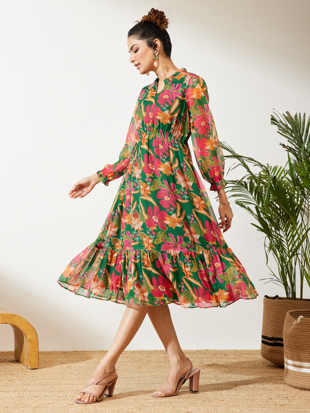 Janasya Green Fit & Flare Chiffon Dress