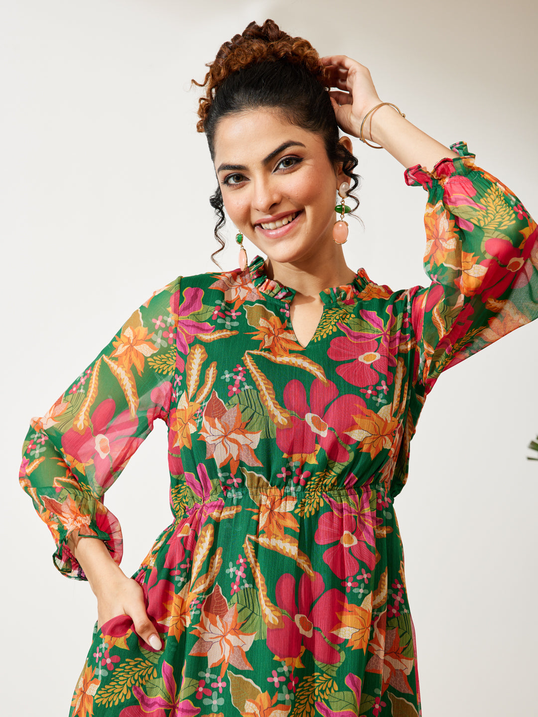 Janasya Green Fit & Flare Chiffon Dress