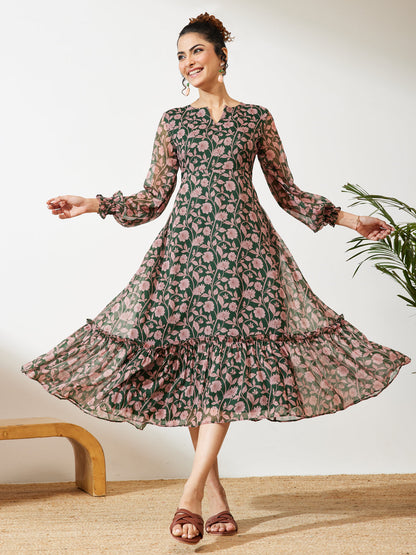 Janasya Green A-Line Chiffon Dress
