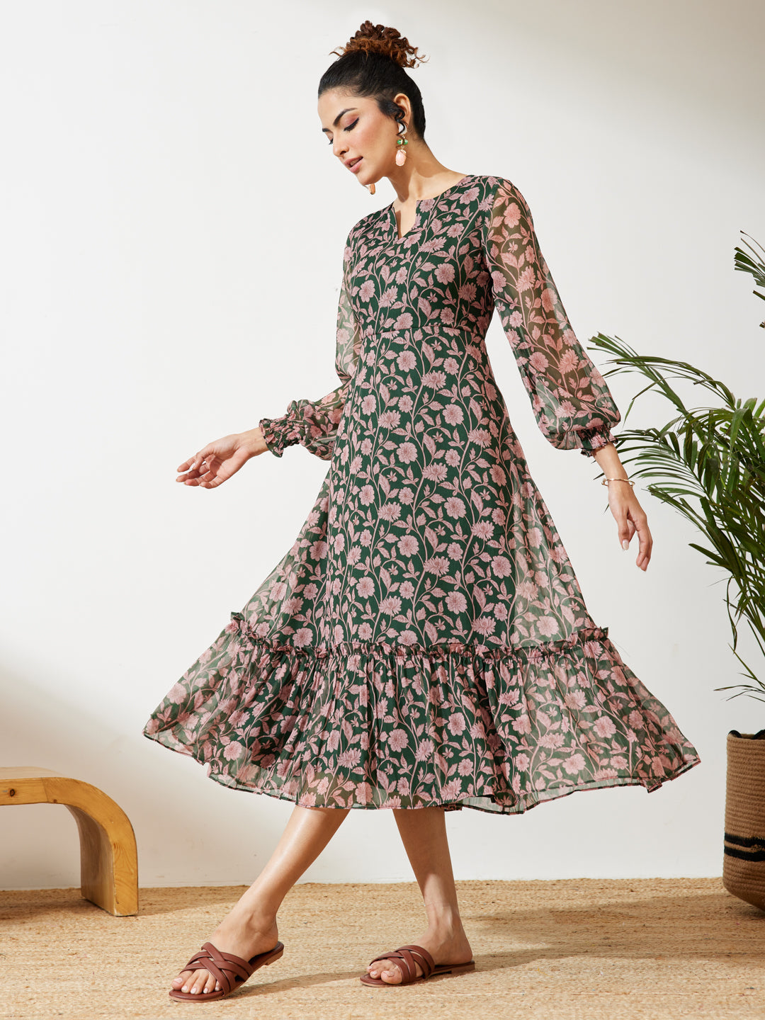 Janasya Green A-Line Chiffon Dress